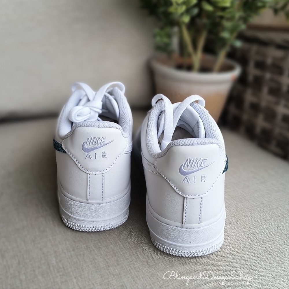 Bling Womens Nike Air Force 1 White Sneakers Shoes made with Blue Crystals - Picture 5 of 7